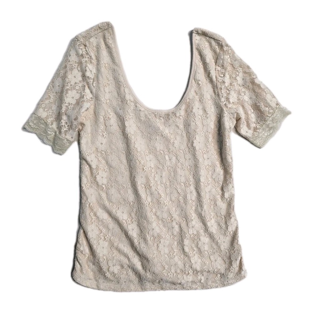 Bongo Beige Floral Lace Overlay Short Sleeve Blouse Top Plus Size XL